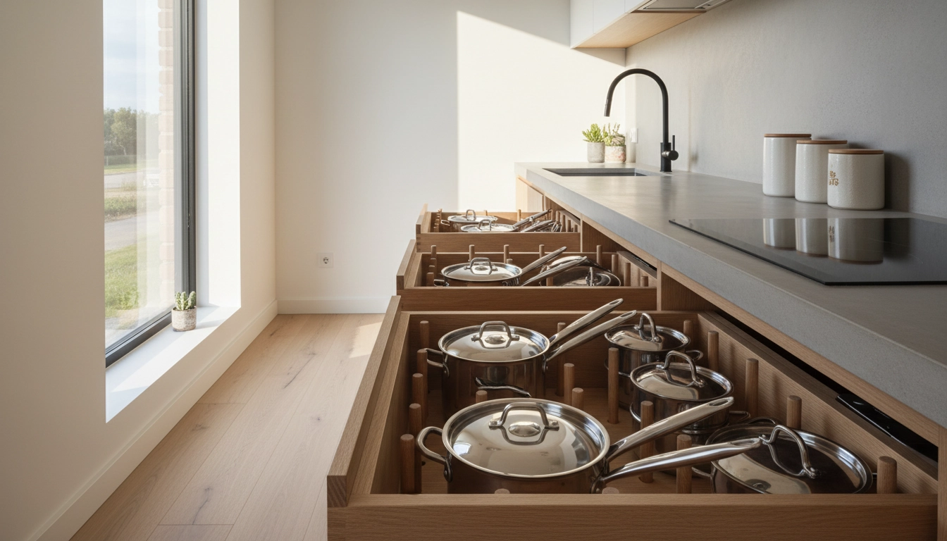 Tiroir profond de cuisine aménagé avec un système de chevilles en bois pour maintenir les casseroles.