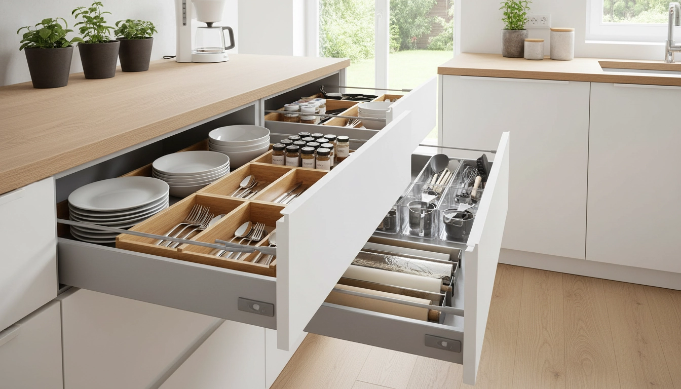 Tiroir de cuisine parfaitement organisé avec des séparateurs en bambou et des ustensiles bien rangés.