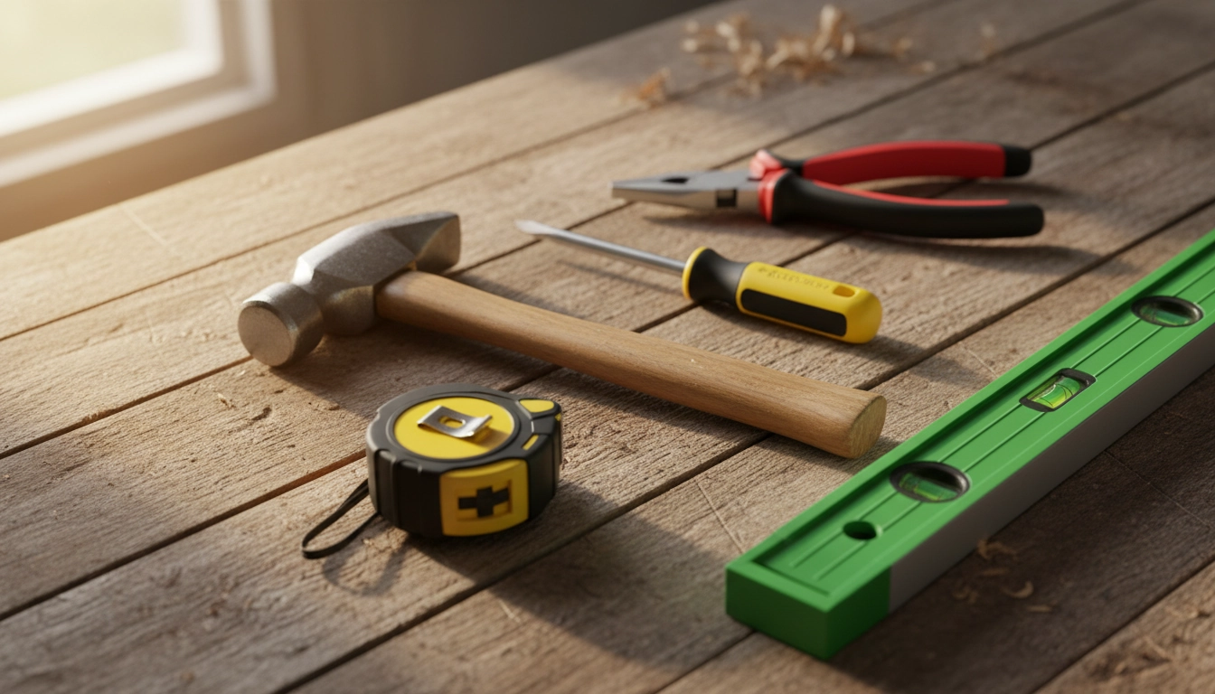 Kit d'outils bricolage débutant complet avec marteau, tournevis, mètre ruban et niveau à bulle sur un établi en bois