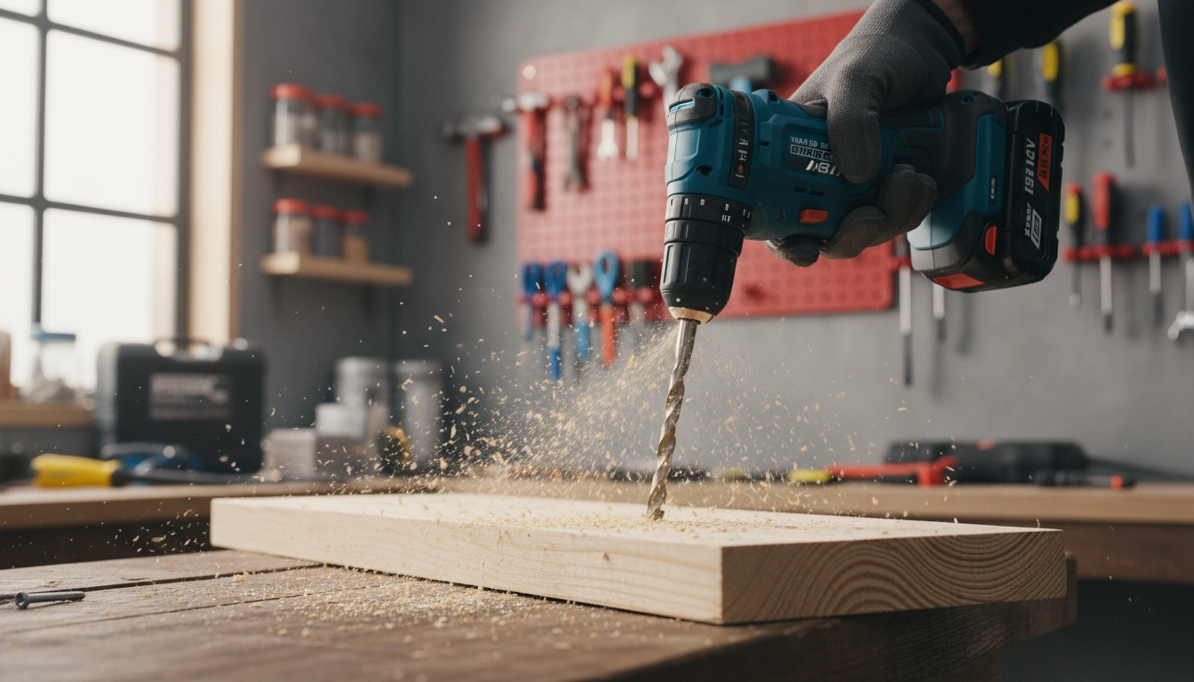 Perceuse-visseuse 18V utilisée par un débutant en bricolage pour percer une planche en bois sur un établi
