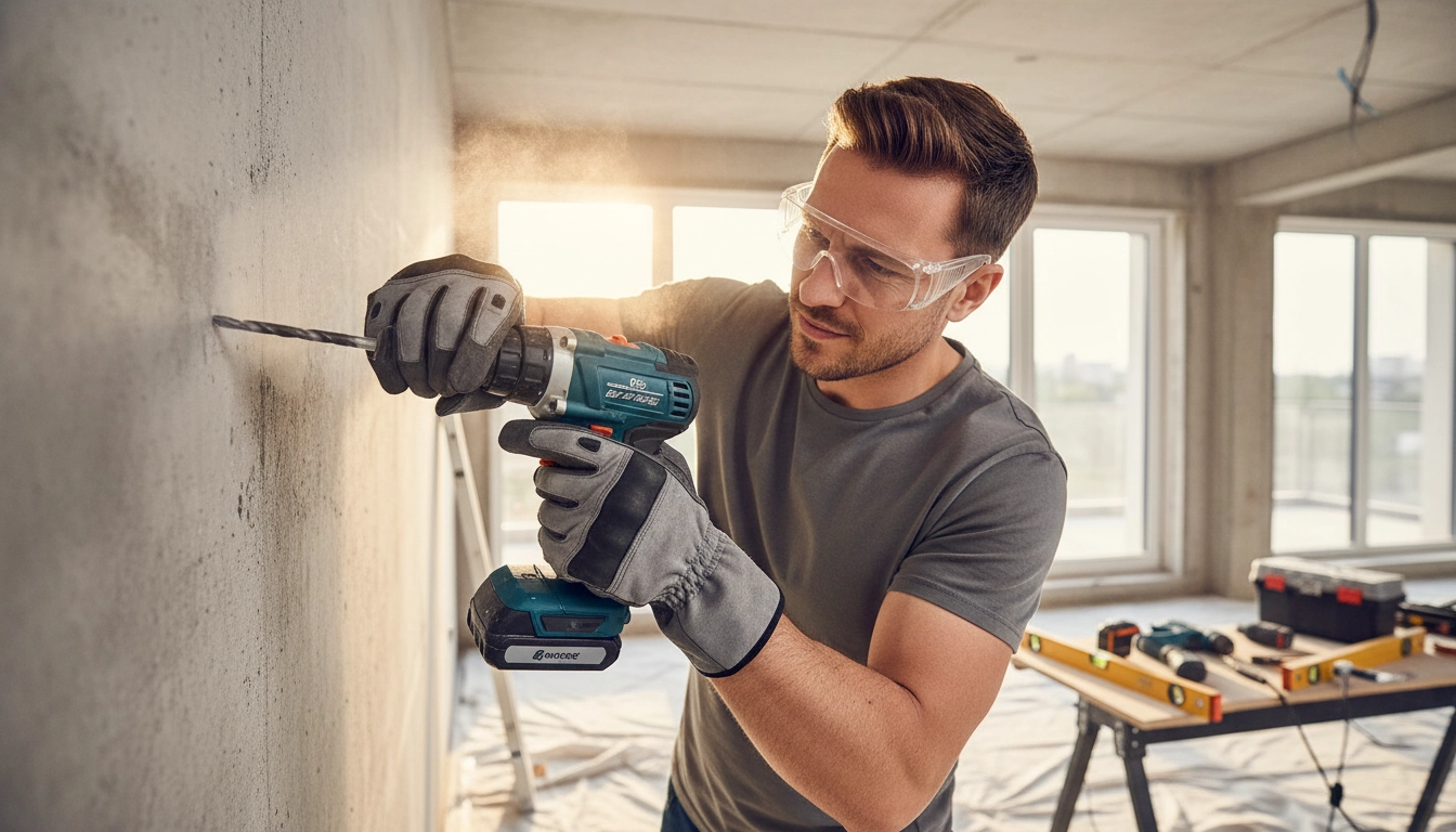 Débutant en bricolage portant des lunettes de protection et des gants lors d'un perçage dans un mur en béton