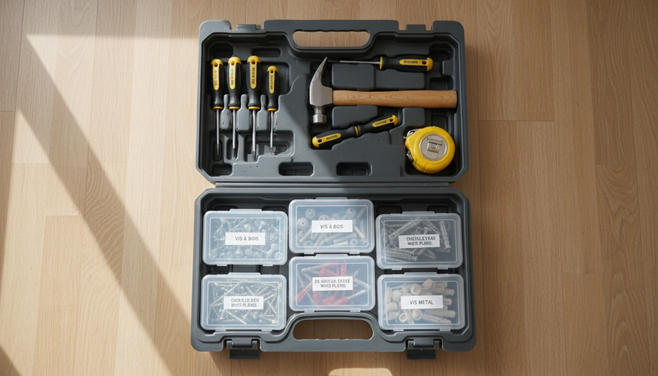 Petite caisse à outils bien organisée avec compartiments pour vis, chevilles et outils à main pour bricoleur débutant