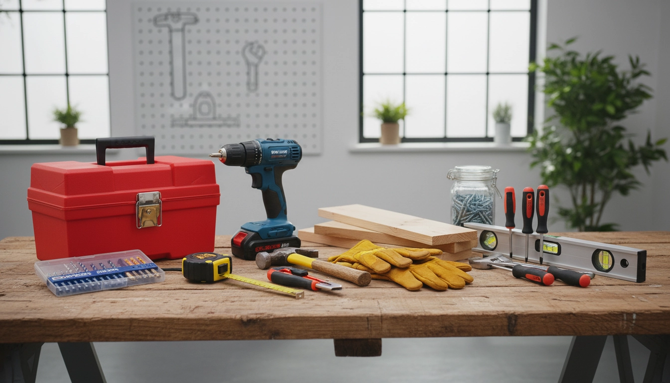 Kit d'outils bricolage débutant posé sur un établi en bois, incluant marteau, tournevis et mètre ruban