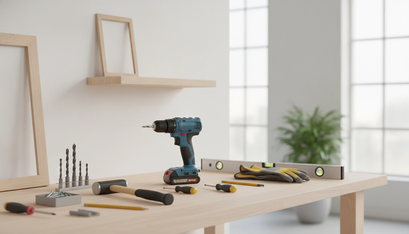 Un kit complet comprenant les outils bricolage indispensables fixer cadre étagère débutant sur un établi propre
