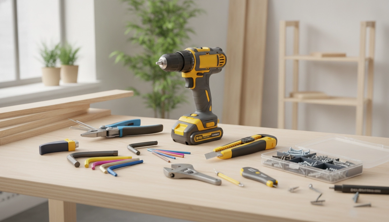 Un kit de démarrage avec des outils bricolage pas chers débuter ses travaux de rénovation sur un établi propre.