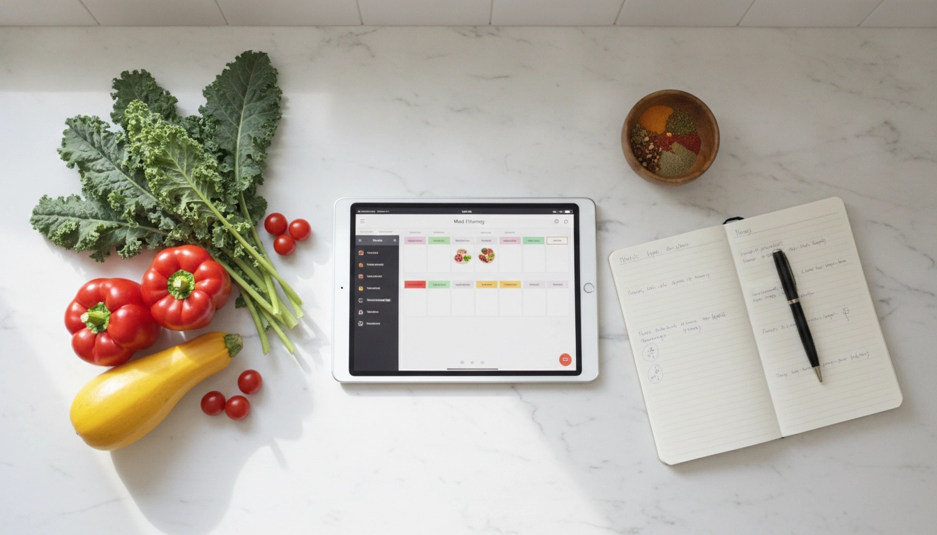 Utilisation d'outils planification repas semaine application sur tablette dans une cuisine moderne.