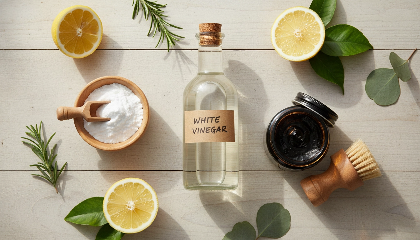 Les ingrédients de base comme le vinaigre et le bicarbonate pour un entretien électroménager naturel.