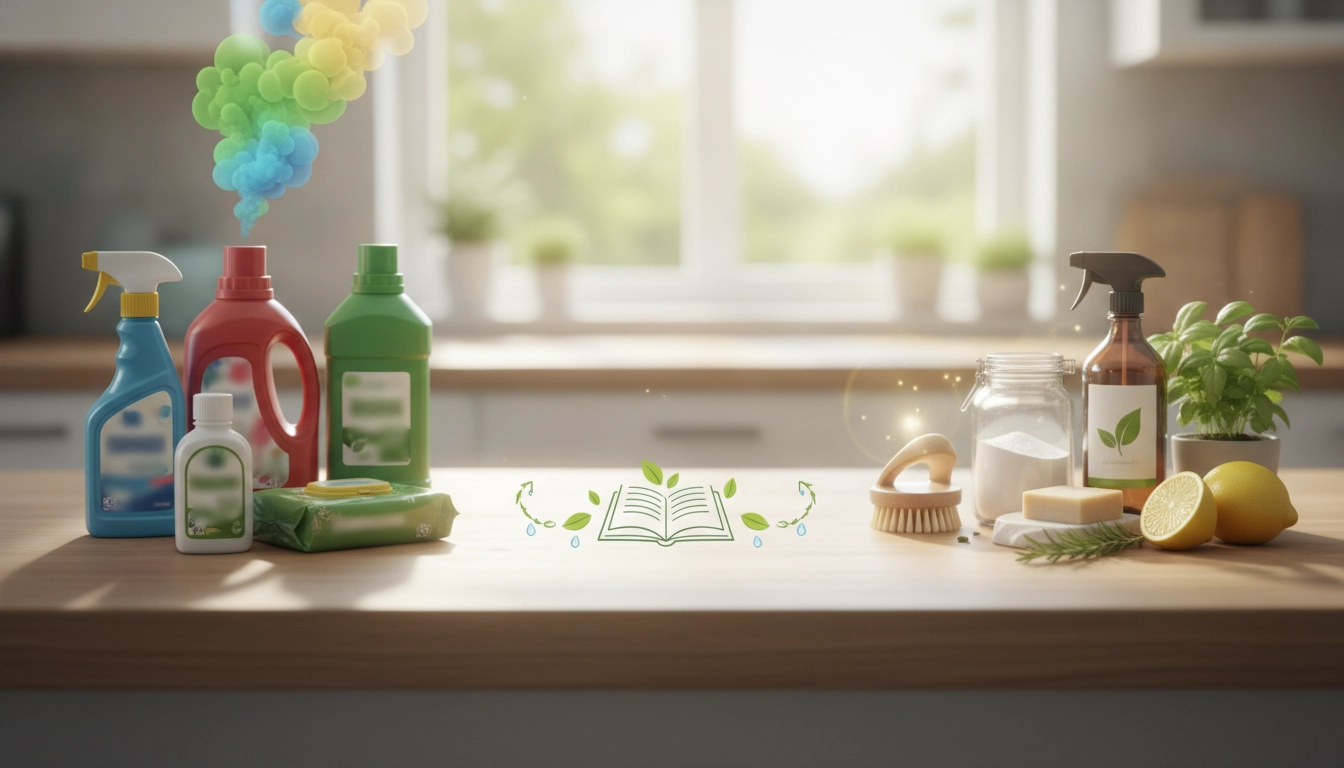 Une personne utilisant des ingrédients naturels pour passer produits ménagers chimiques aux naturels dans une cuisine moderne.