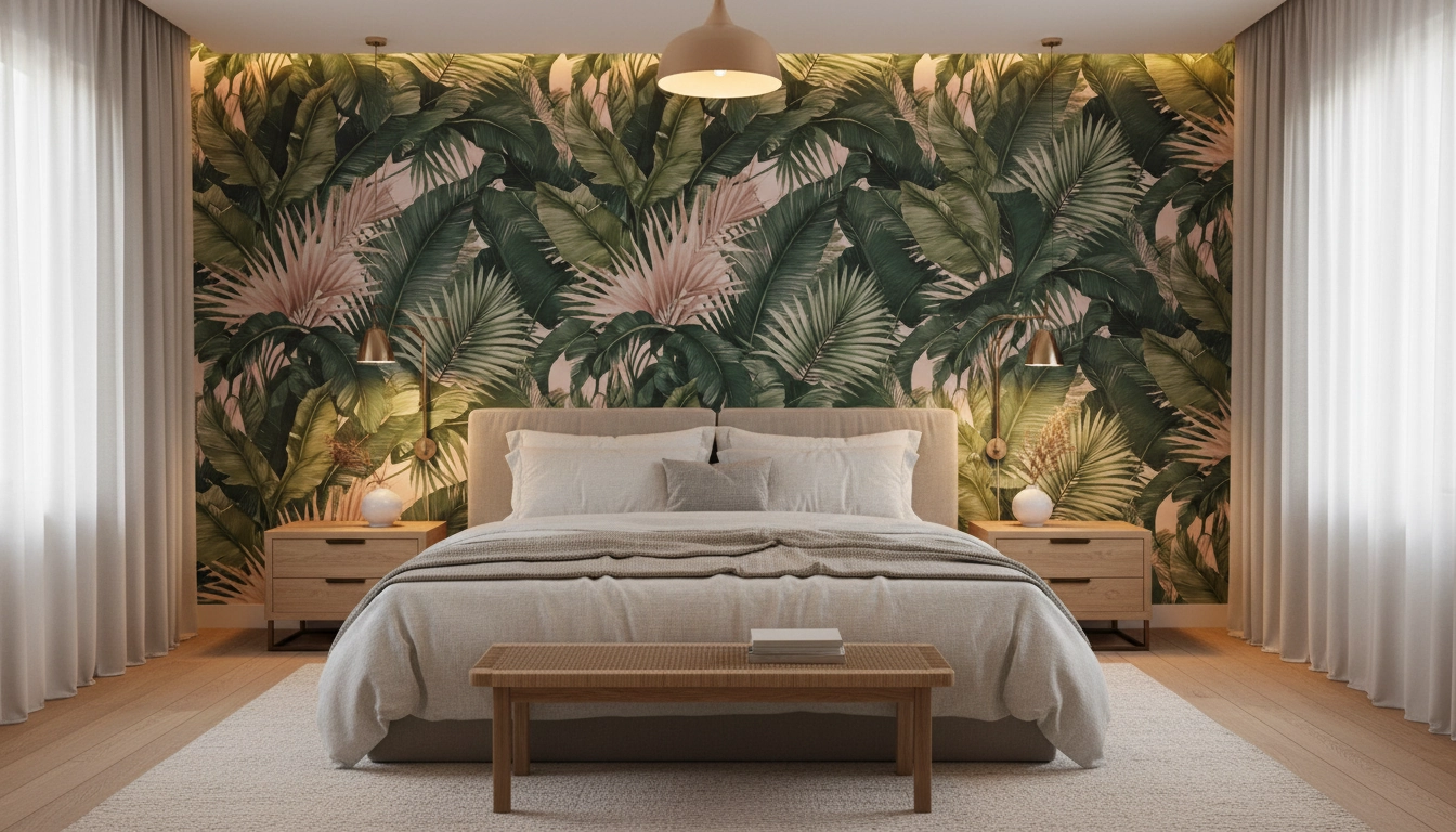 Chambre apaisante avec papier peint panoramique botanique sur le mur de tête de lit pour une décoration murale personnalisée et originale