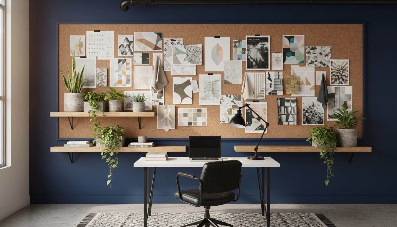 Bureau à domicile avec mur d'accent bleu pétrole et tableau d'inspiration mural pour personnaliser son espace de travail