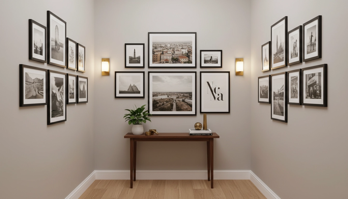 Couloir étroit transformé en galerie d'art personnelle avec cadres uniformes noirs pour une décoration murale originale dans un petit espace