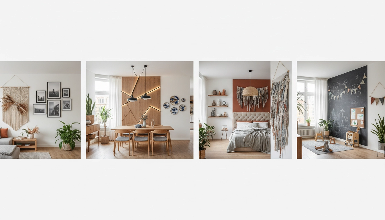 Décoration murale originale personnalisée dans un salon moderne avec cadres, plantes et étagères murales