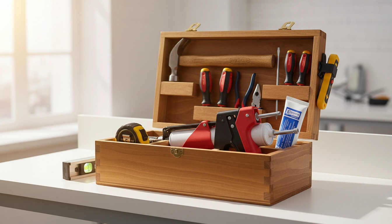 Kit complet d'outils pour les petites réparations maison d'urgence posé sur un établi en bois