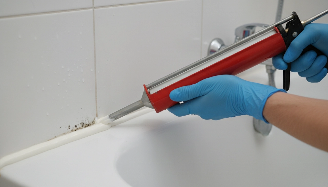 Application de silicone anti-moisissures pour refaire les joints d'une salle de bain lors de petites réparations maison