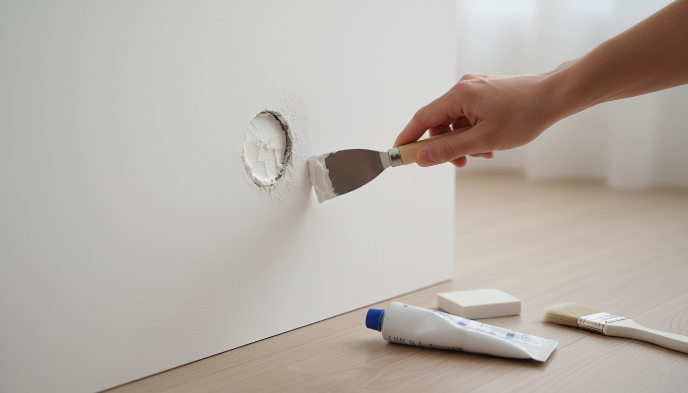 Rebouchage d'un trou dans un mur en plâtre avec de l'enduit lors de petites réparations maison faciles