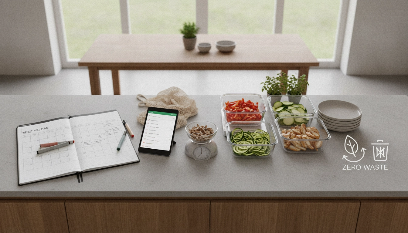 Une cuisine organisée avec des contenants en verre pour une planification repas semaine anti gaspillage réussie.
