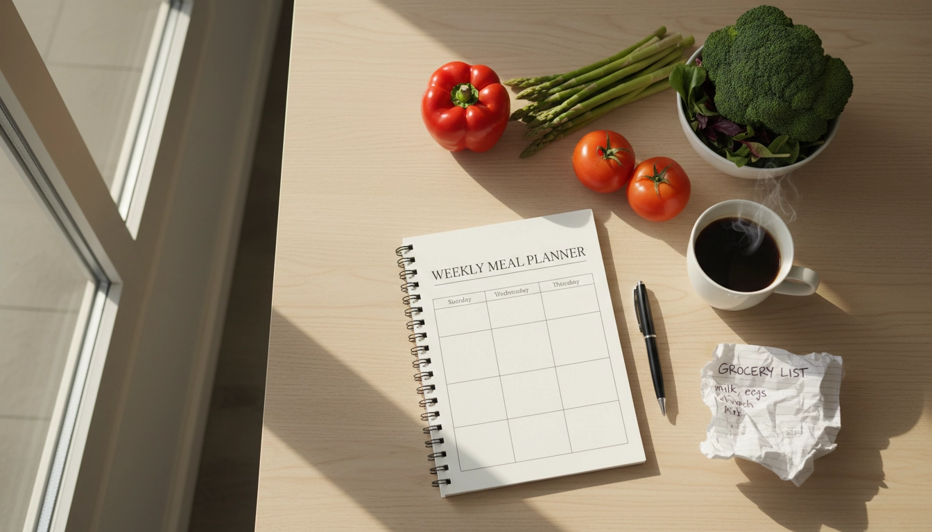 Carnet de planification repas semaine ouvert sur une table de cuisine avec des légumes frais et une liste de courses
