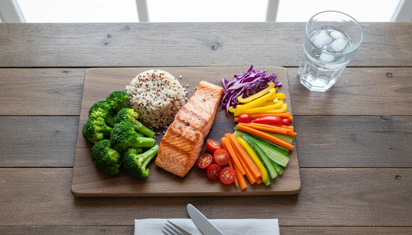Repas sain et équilibré planifié pour la semaine avec saumon, légumes et quinoa sur une table en bois