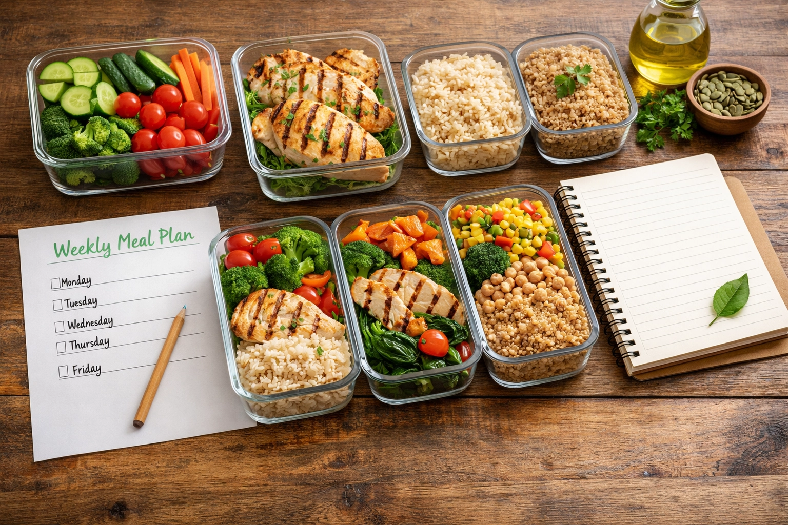Préparation de repas équilibrés en conteneurs montrant une planification repas semaine équilibré organisée et colorée