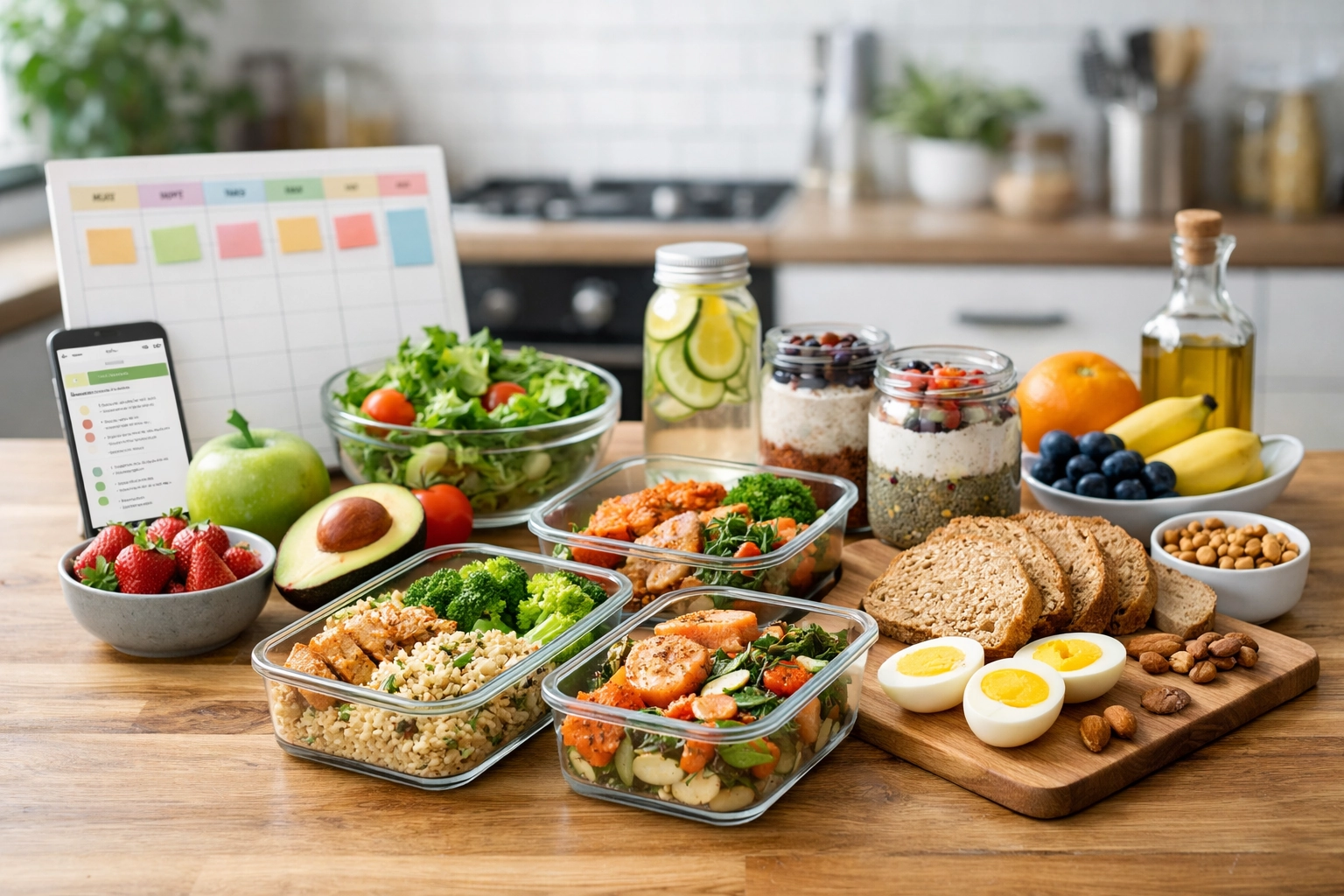 Assiette complète montrant une planification repas semaine équilibré avec protéines, féculents et légumes variés