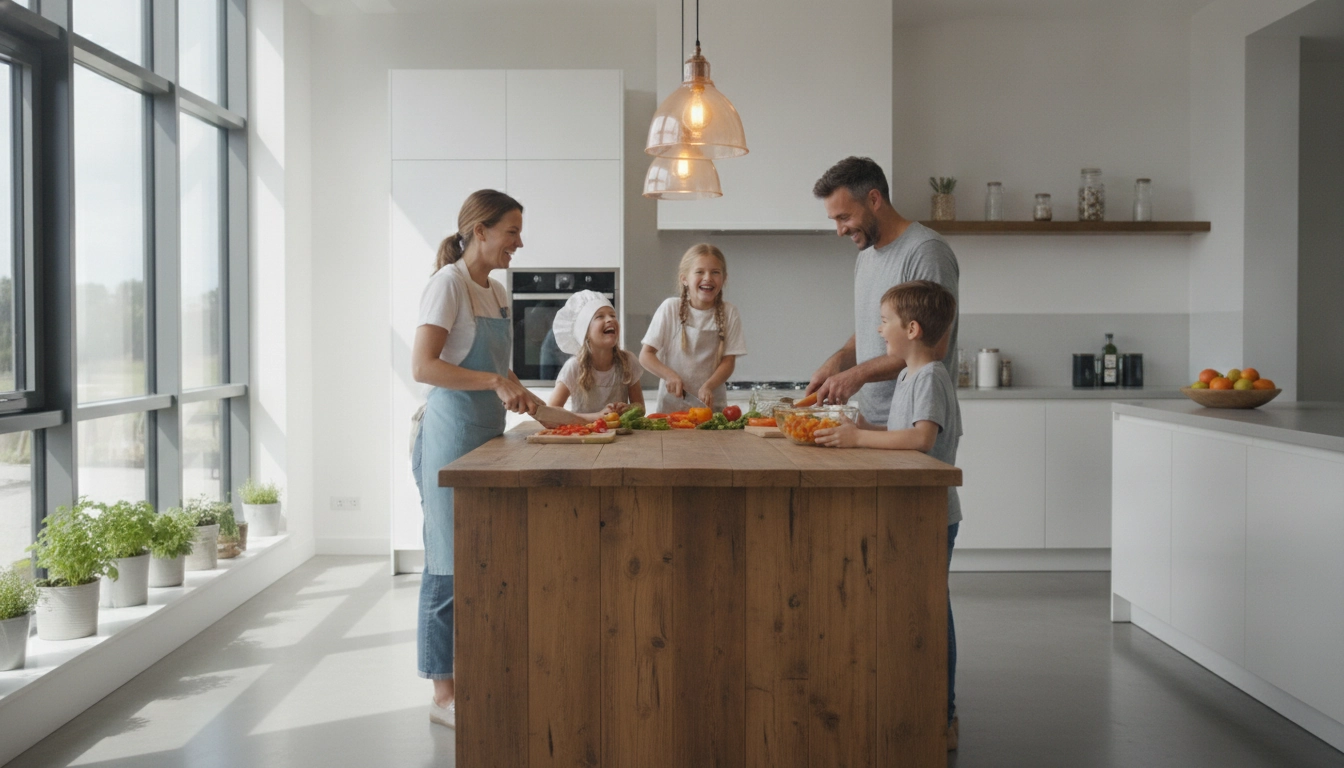 Une famille organisant sa planification repas semaine famille enfants dans une cuisine lumineuse.