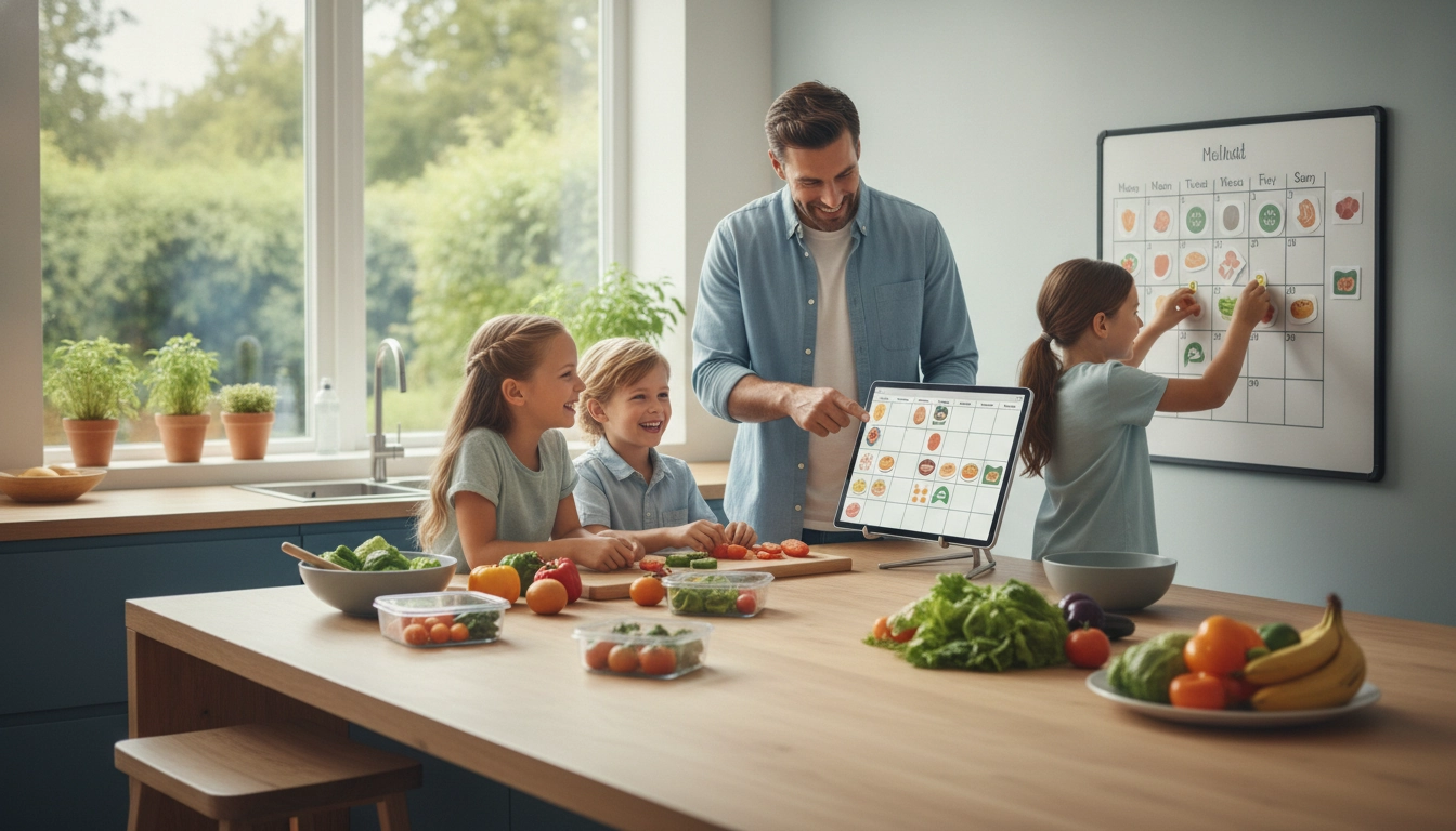 Une famille heureuse cuisinant ensemble, illustrant une planification repas semaine famille enfants efficace.