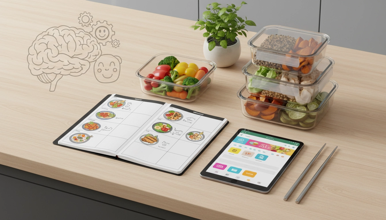 Tableau de planification repas semaine avec menus et liste de courses organisée sur une table