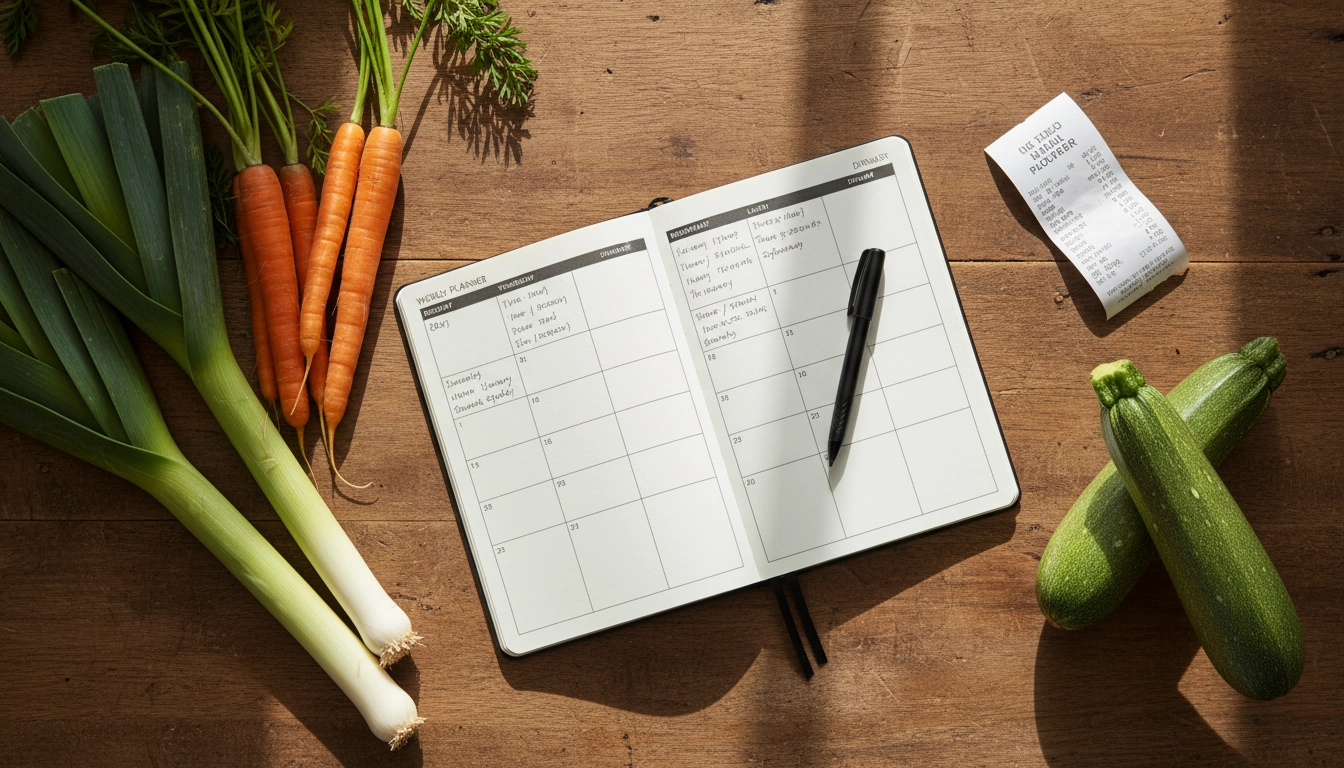 Carnet de planification repas semaine petit budget posé sur une table en bois avec légumes frais et liste de courses