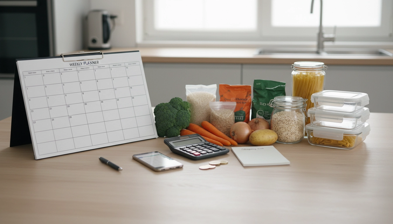 Tableau de planification repas semaine petit budget avec liste de courses et légumes frais disposés sur une table