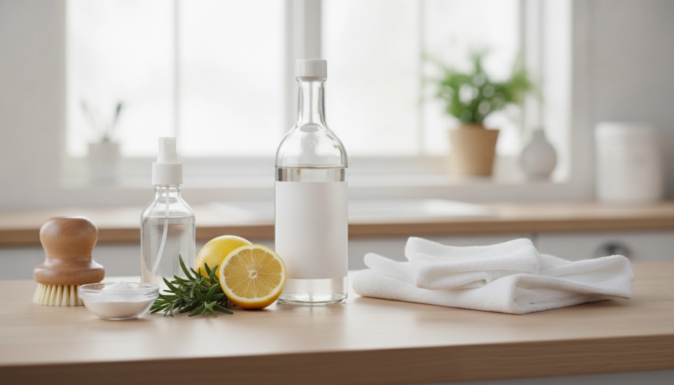 Une bouteille de vinaigre blanc posée sur un plan de travail propre dans une cuisine moderne.