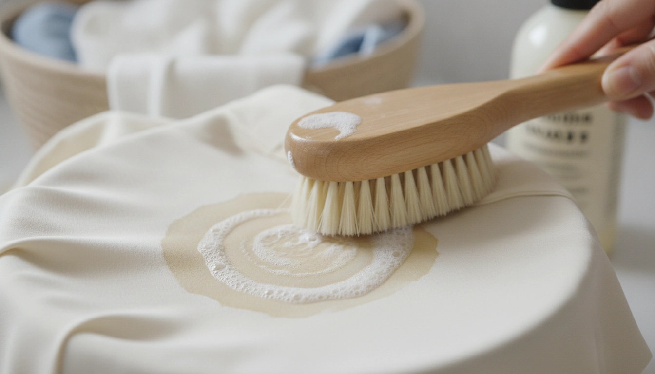 Technique de brossage doux pour la préparation détachage vêtements avant lavage.
