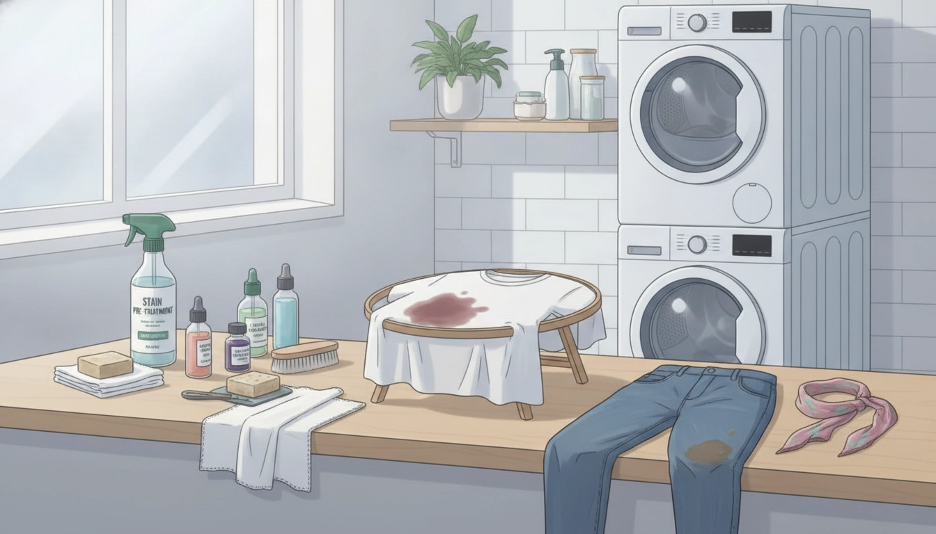 Une personne pratiquant une préparation détachage vêtements avant lavage minutieuse sur une chemise en coton.