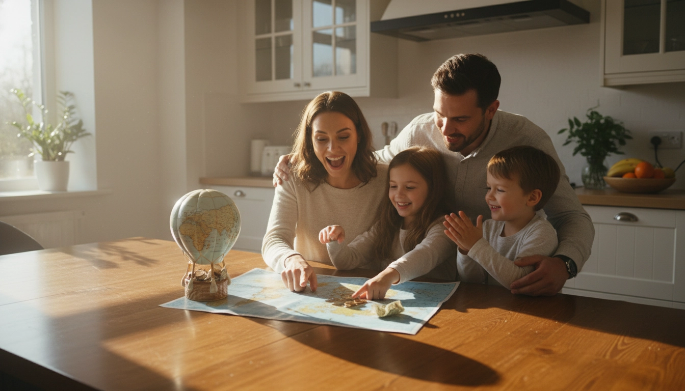 Famille heureuse cherchant à preparer budget familial vacances sans depasser avec une carte et une tirelire.