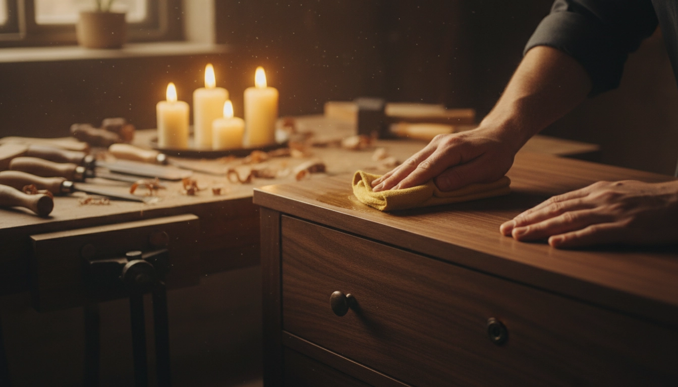 Application de cire d'abeille naturelle pour préserver les meubles en bois en profondeur