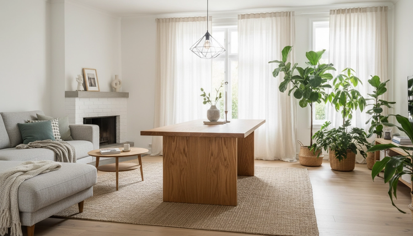 Table en chêne massif bien entretenue illustrant comment préserver les meubles en bois au quotidien