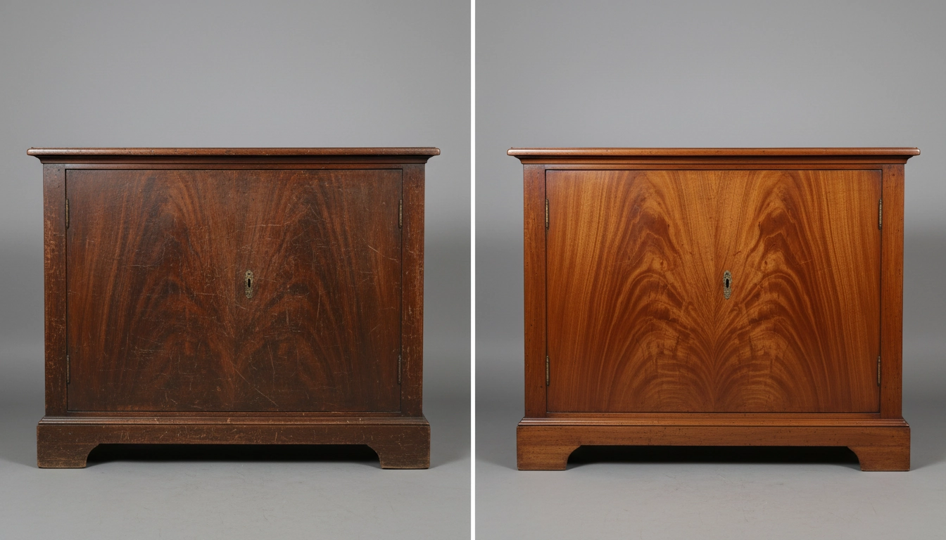 Avant et après restauration d'un meuble en bois ancien, illustration du processus de rénovation