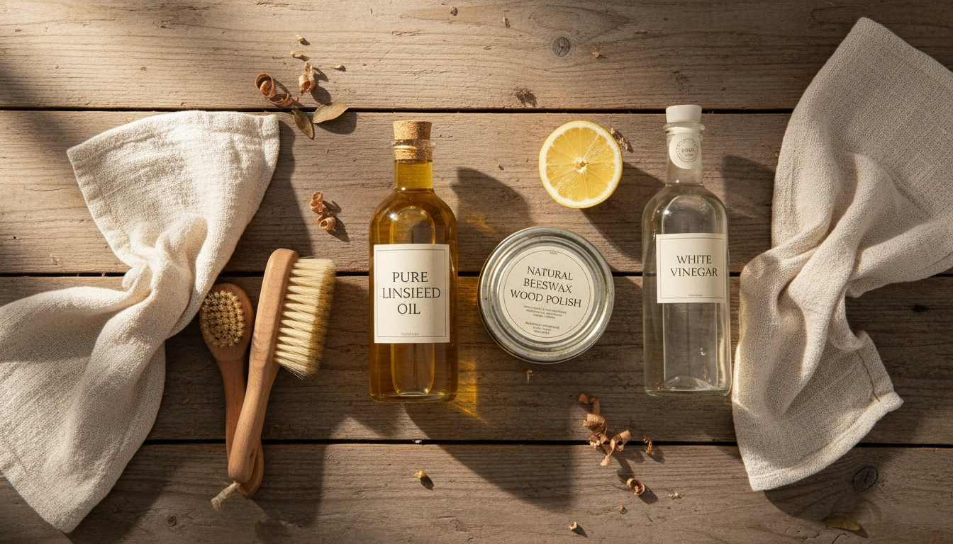 Produits naturels disposés pour préserver les meubles en bois : huile de lin, cire d'abeille et vinaigre blanc