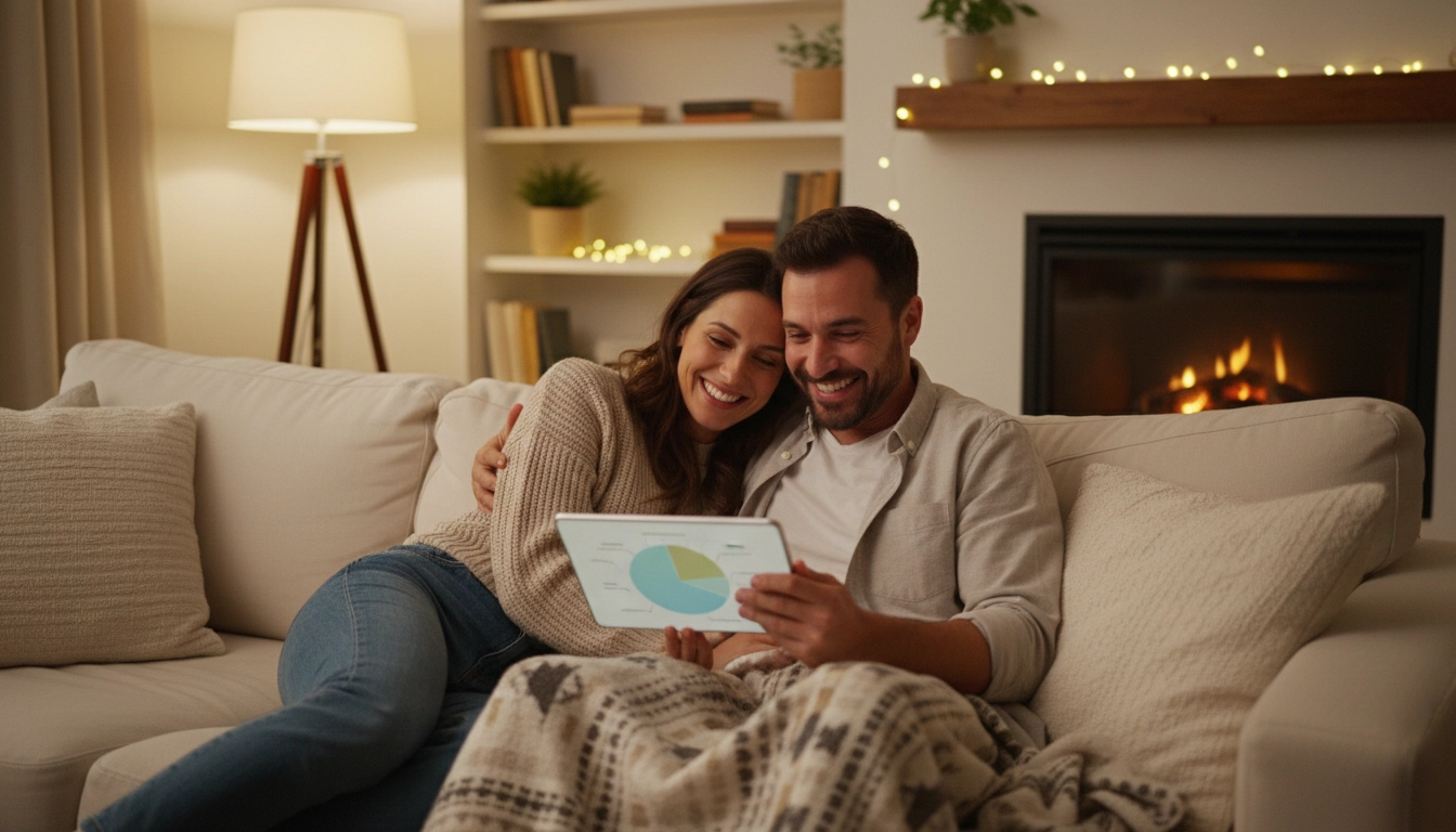 Couple serein consultant son application bancaire sur tablette après avoir sécurisé son épargne