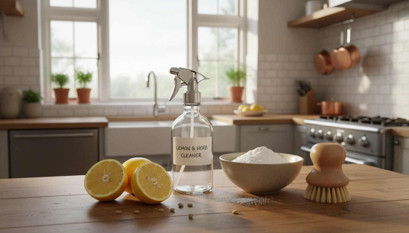 Assortiment de produits écologiques nettoyer cuisine efficacement avec du citron et du bicarbonate sur un plan de travail