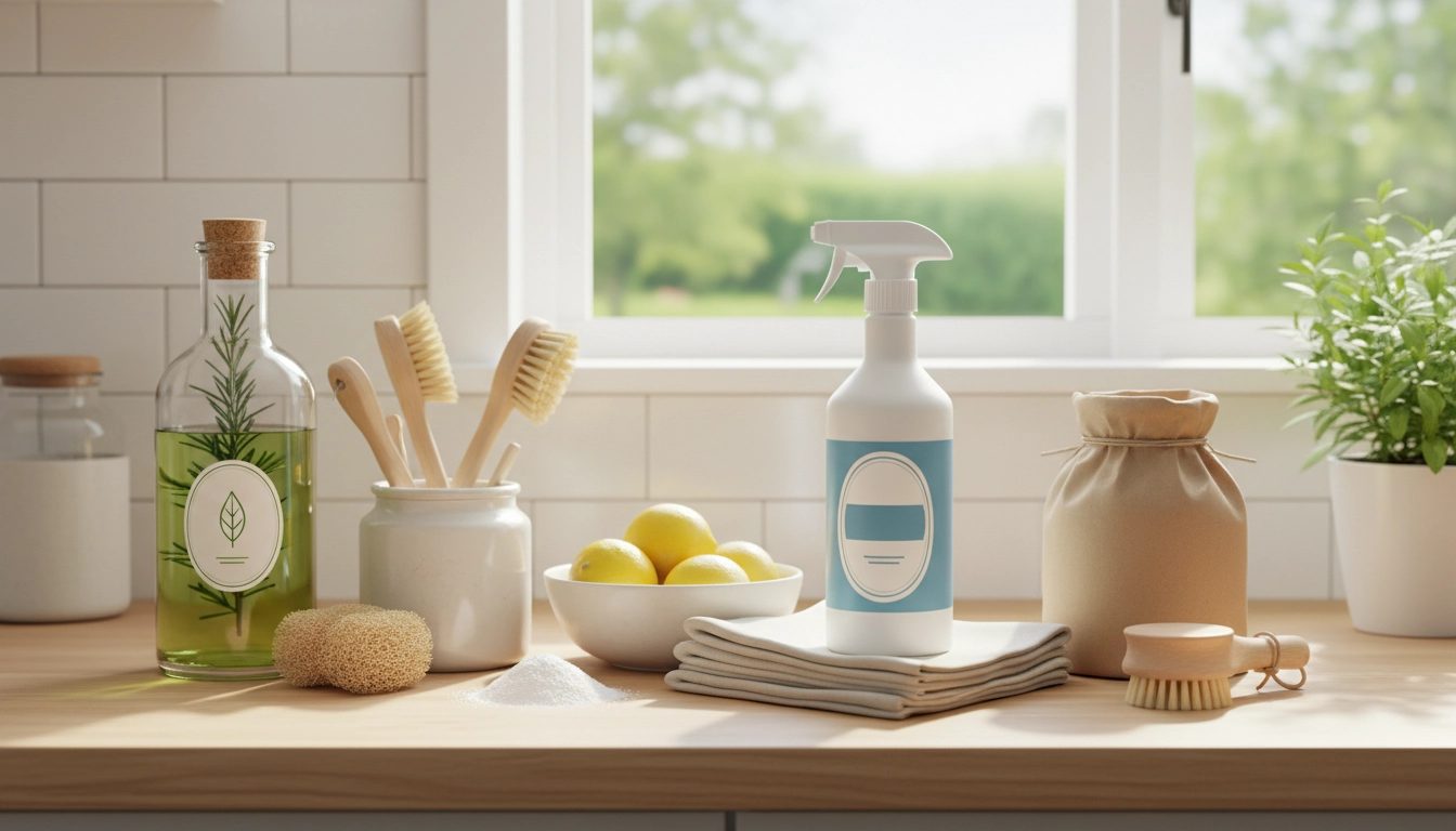 Assortiment de produits écologiques nettoyer cuisine efficacement avec du citron et du bicarbonate sur un plan de travail