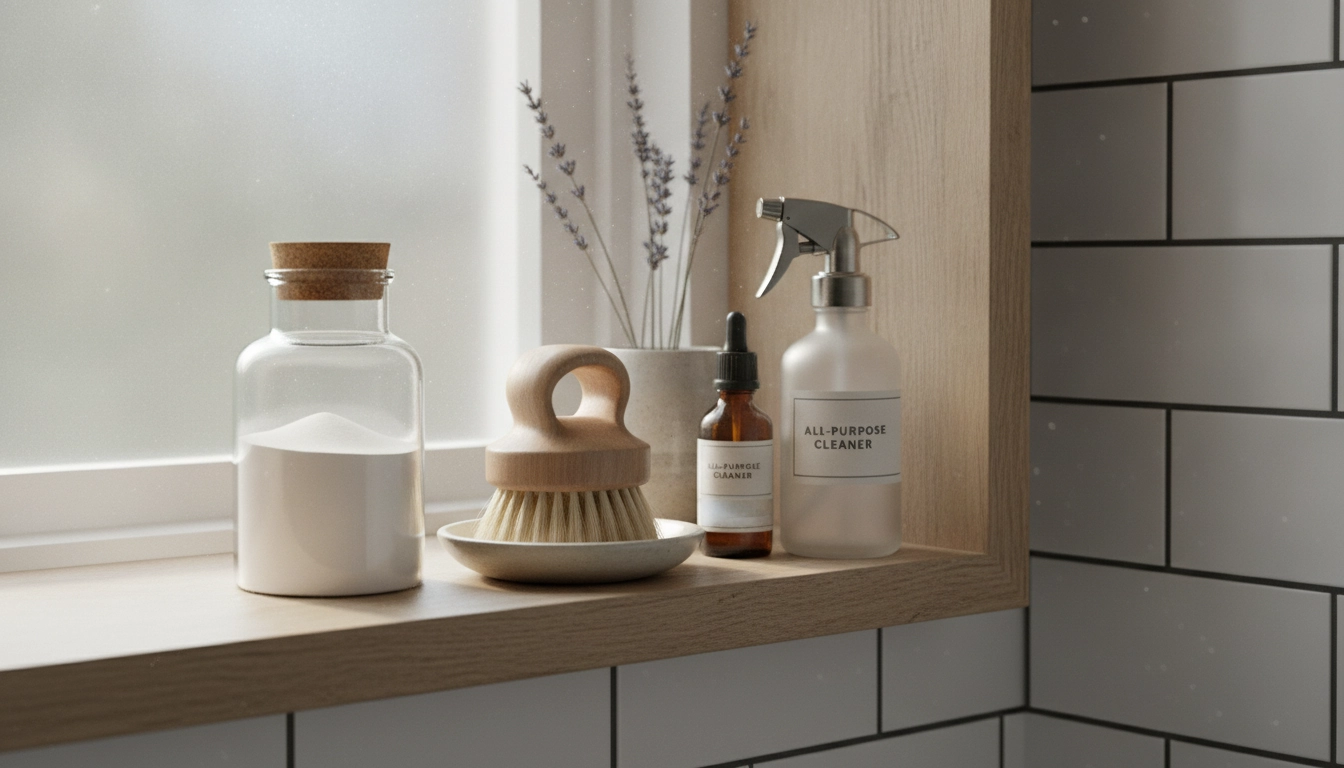 Bocal de bicarbonate de soude et brosse en bois parmi les produits indispensables nettoyage rapide salle bain.