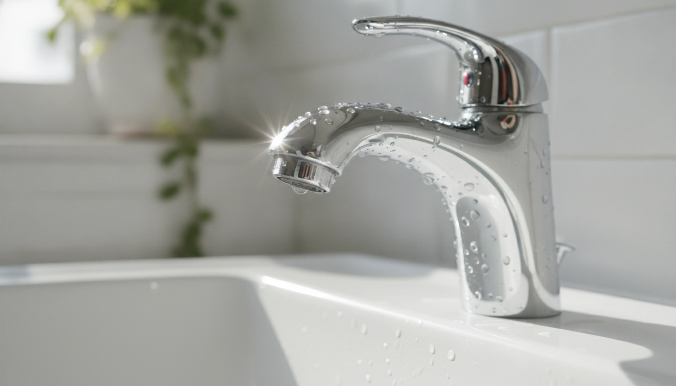 Robinetterie de lavabo étincelante après l'utilisation de la pierre d'argile naturelle.