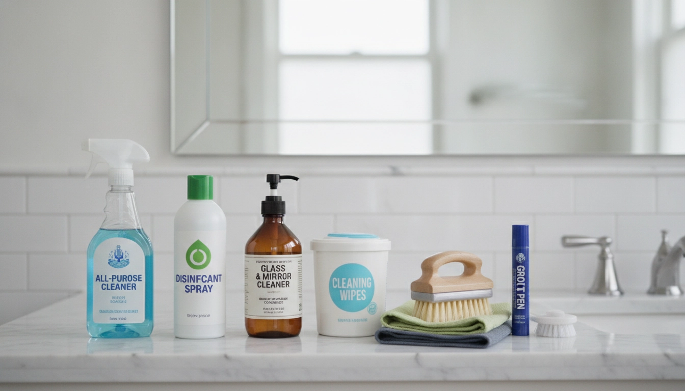 Sélection des meilleurs produits indispensables nettoyage rapide salle bain posés sur un meuble en bois.