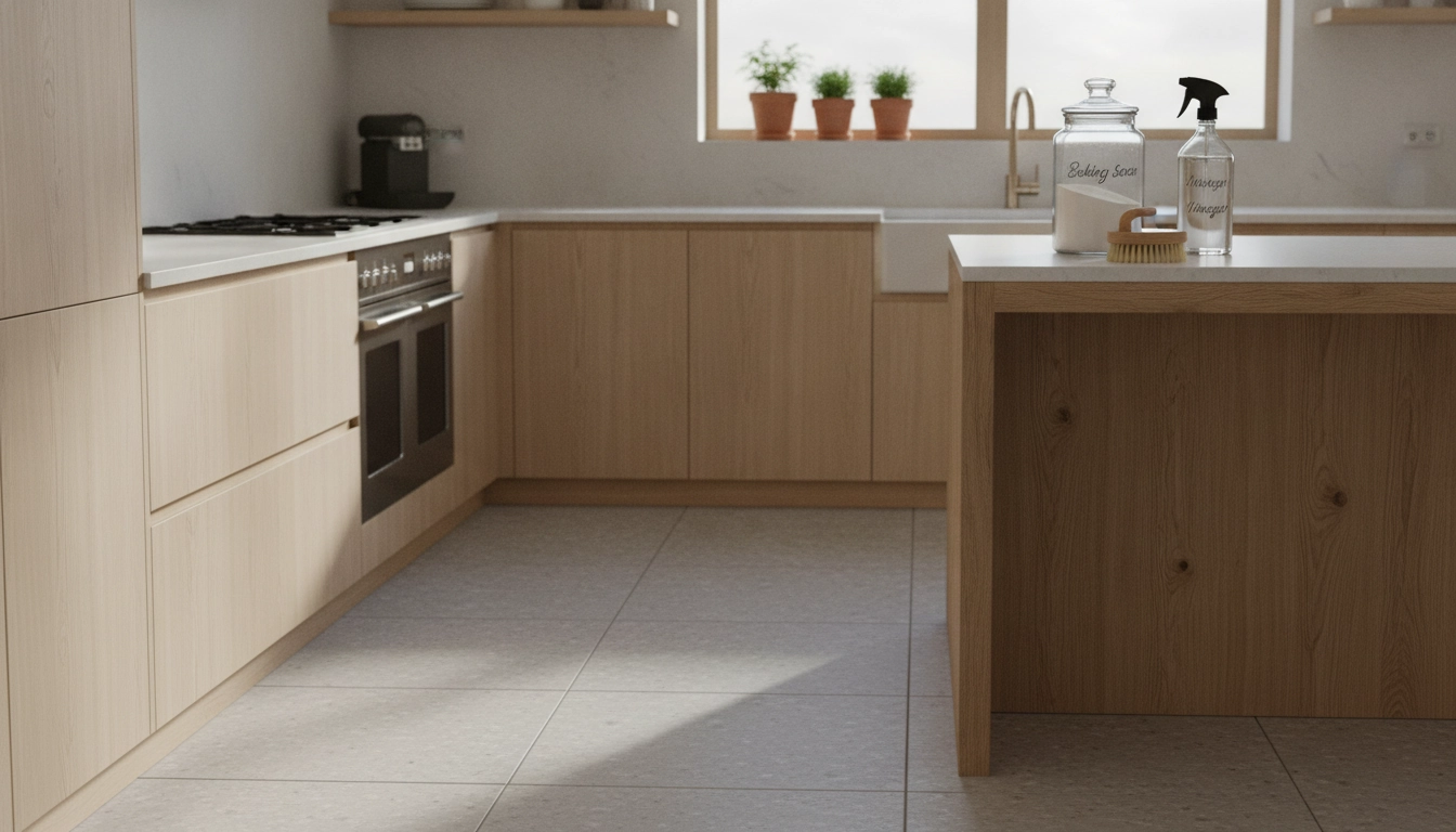 Utilisation de produits ménagers naturels efficaces surfaces spécifiques dans une cuisine moderne