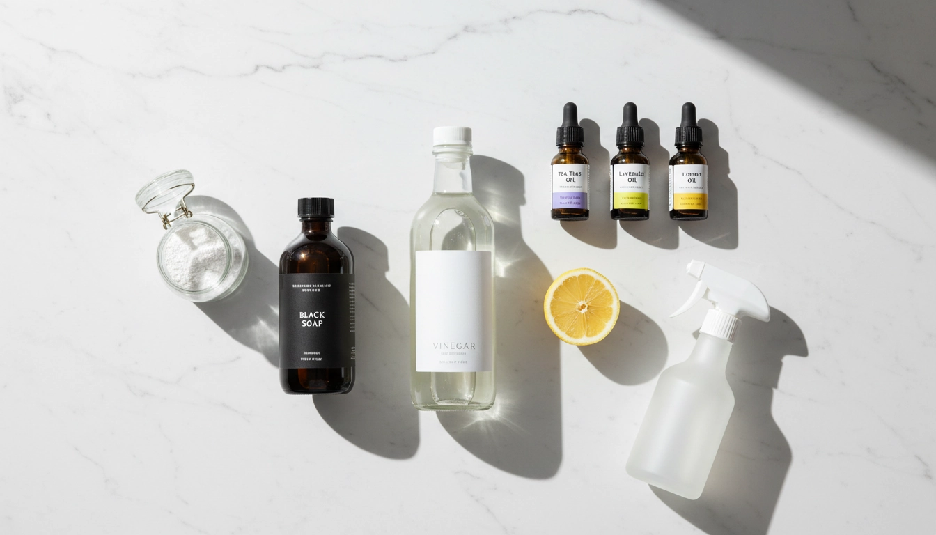 Collection d'ingrédients pour fabriquer des produits ménagers naturels : vinaigre blanc, bicarbonate, savon noir et huiles essentielles
