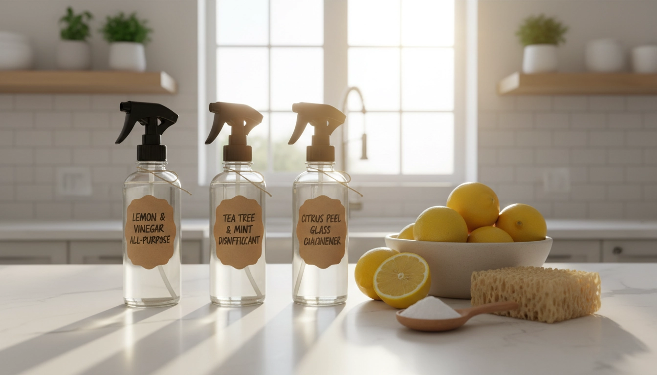 Produits ménagers naturels faits maison dans des flacons en verre étiquetés sur un plan de travail de cuisine lumineuse