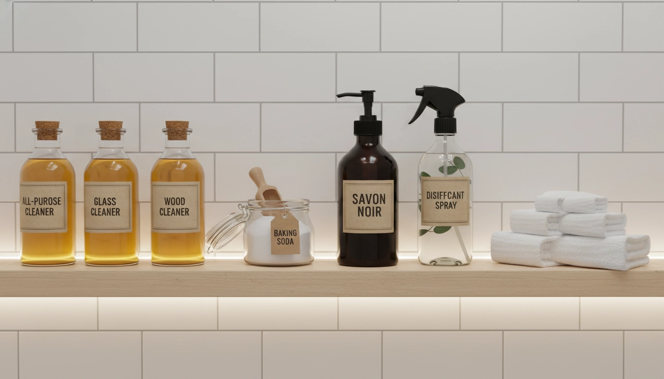 Étagère de salle de bain organisée avec des produits ménagers naturels en flacons en verre ambrés