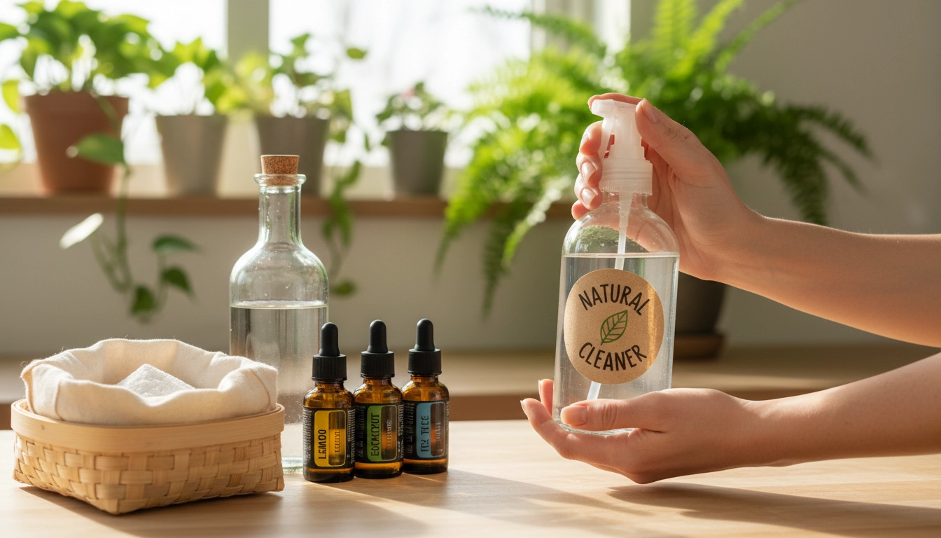 Personne tenant un flacon de produit ménager naturel fait maison entouré d'ingrédients écologiques