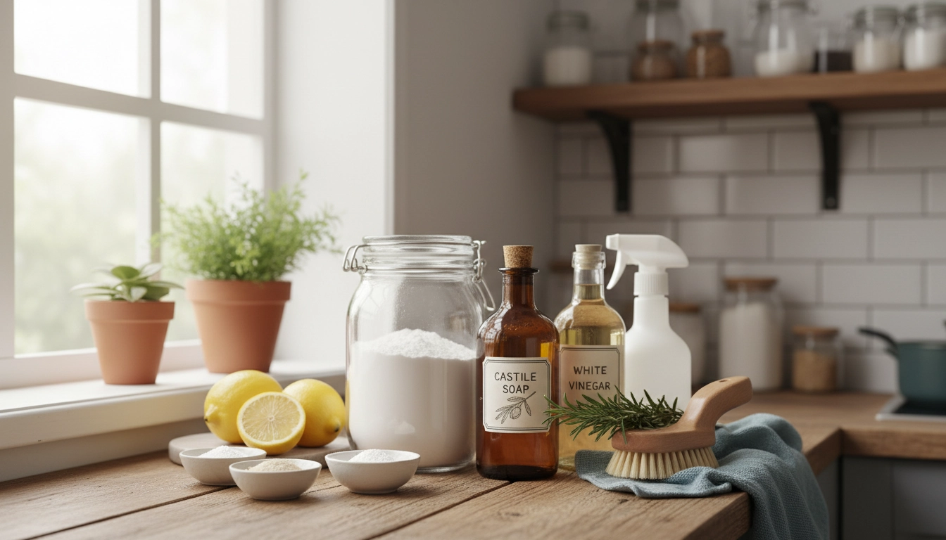 Ingrédients pour fabriquer des produits ménagers naturels : bicarbonate, vinaigre blanc, savon noir et huiles essentielles