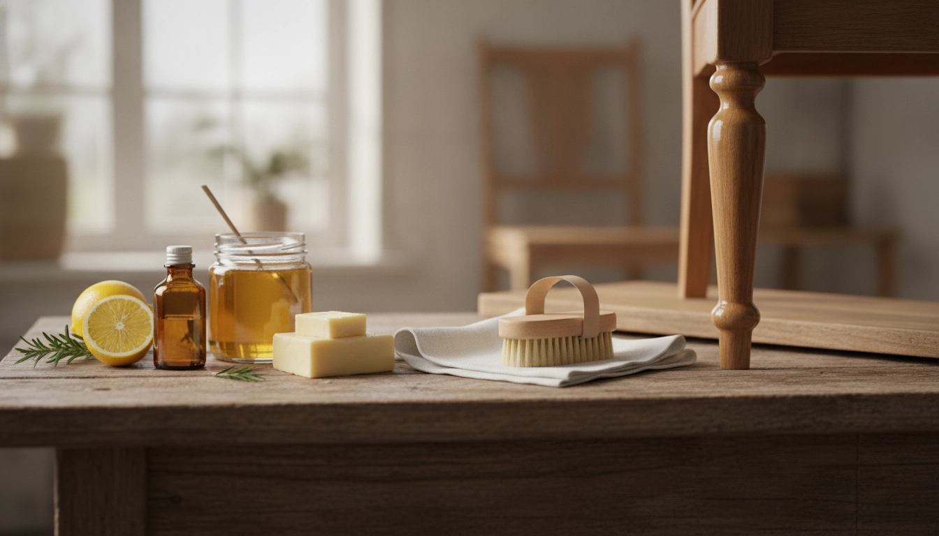 Utilisation de produits naturels pour préserver meubles bois avec un chiffon en coton